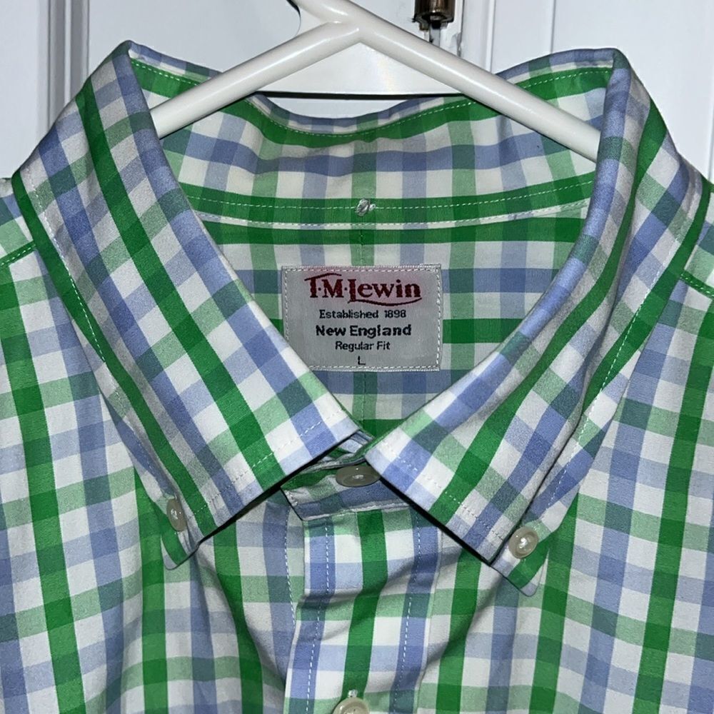 T. M Lewin Vivid green blue plaid gingham New England model LS dress shirt L - Picture 3 of 5